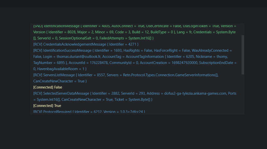 Interface des logs de packets reçus et envoyés